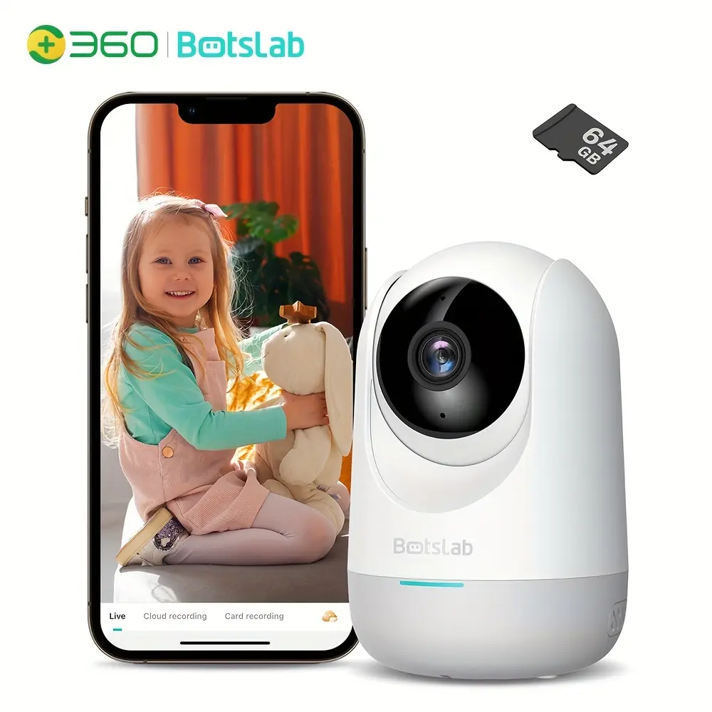 360 Surveillance Camera + 64gb SD Card-2K Baby Video Monitor with Camera, Man-Machine and Motion Detection, Home Security Indoor Camera with Night Vision, Compatible with Alexa / Google Assistant