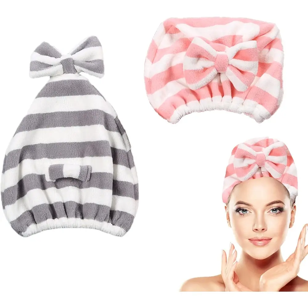 A Set of 2/3 Pcs Cute Bowknot Hair Towel Wrap for Women,Striped Microfiber Fast Drying Cap for Wet Hair,Elastic Shower Turban Bonnet for Skincare,Makeup & Spa,Halloween Christmas Party Fathersdaygift
