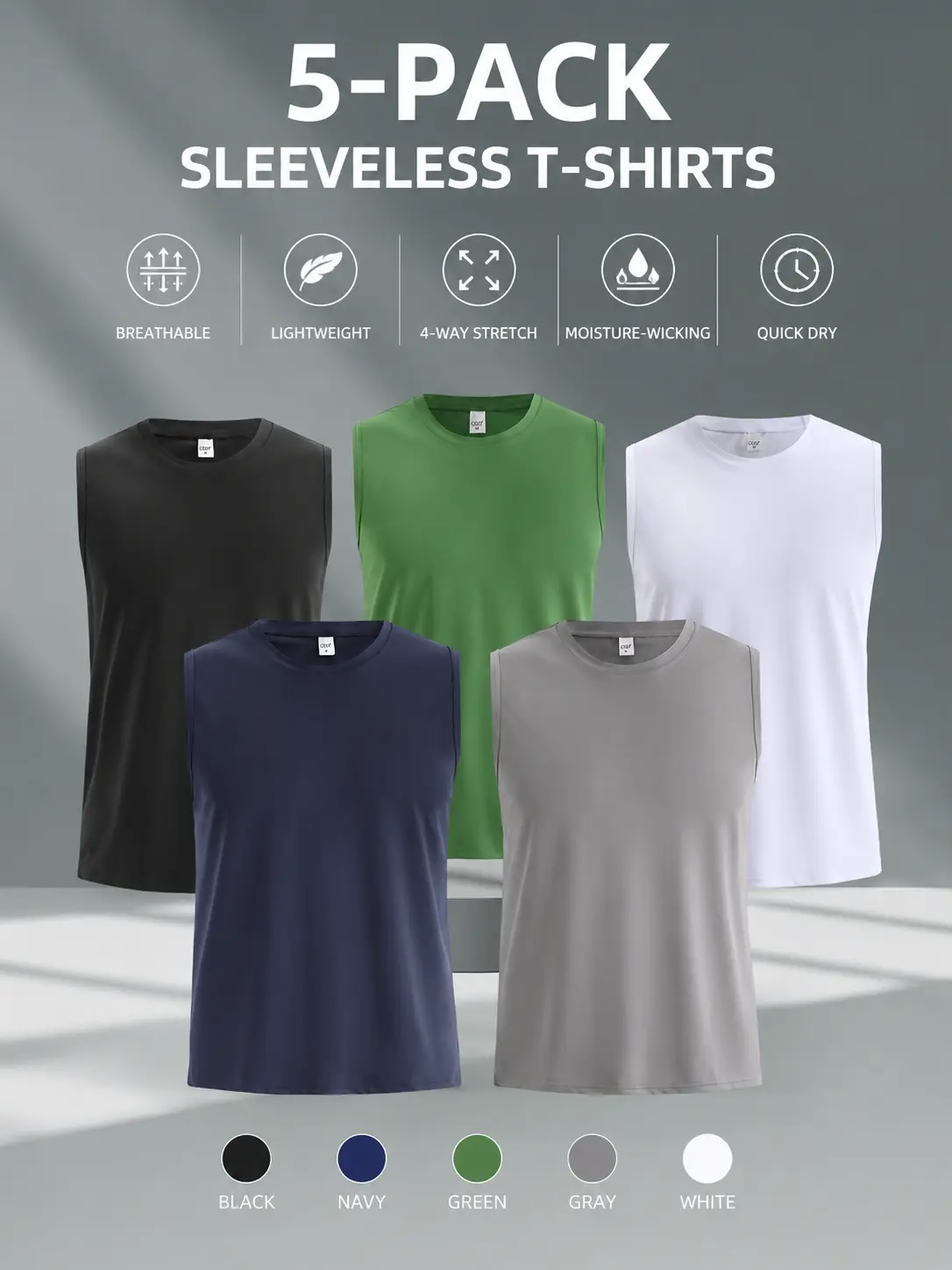Men's 5-Pack Round Neck Tank Tops, Breathable Sleeveless Spring & Summer Vests, Plain Modern Design Casual & Gym Athleisure Menswear