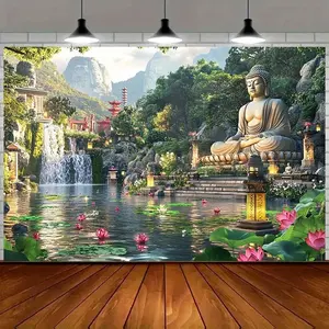 One tranquil garden waterfall and Buddha statue background decorative tapestry, featuring water lilies, Japanese pagodas and Zen bridges - Polyester fiber meditation space, tranquil Zen home decor and photo background