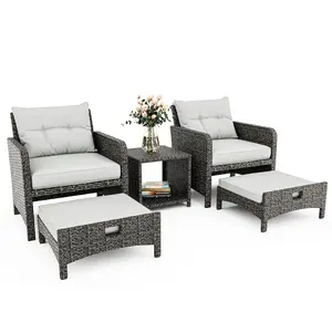 Pamapic 5-Piece Outdoor Patio Wicker Furniture Set, Patio Sectional Set with Ottoman, Cushions and Coffee Table for Balcony, Porch, Patio Furniture