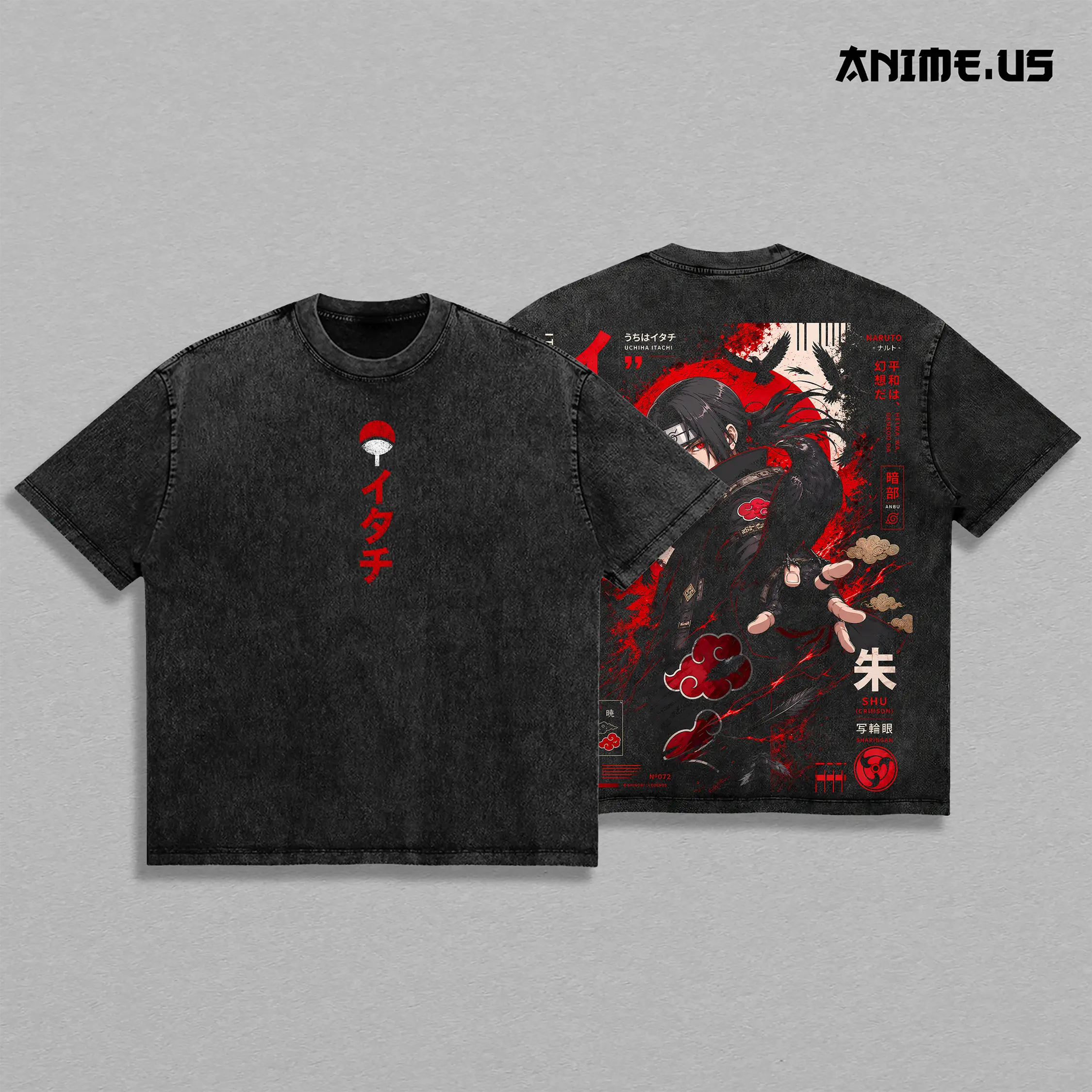 Uchiha Clan Red Eye Shinobi Anime Graphic Vintage Shirt, Crow Cloak Red Moon Heavyweight Washed Cotton Anime Tee T-Shirt Japanese Manga Streetwear