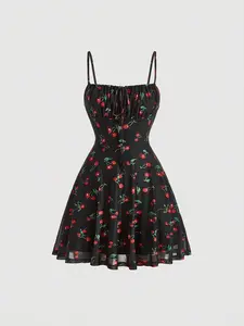 Women's Cherry Print Ruched Cami Dress - Summer A-Line Mini Dress with Spaghetti Straps, Soft Knitted Fabric, Boho Style for Vacation & Daily Wear