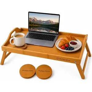 Bamboo Bed Tray Table for Eating 20" x 12" Large with Folding Legs & 2 Matching Coasters, Food Tray for Bed Couch Laptop and Drinks