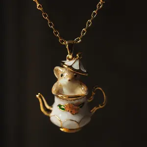 Elegant Cute Teapot Squirrel Pendant Necklace - 18K Gold-Plated Copper, Handcrafted Enamel Charm, Ideal for Daily and Vacation Wear, Perfect Valentine'S Day Gift for Her - All Seasons Compatible