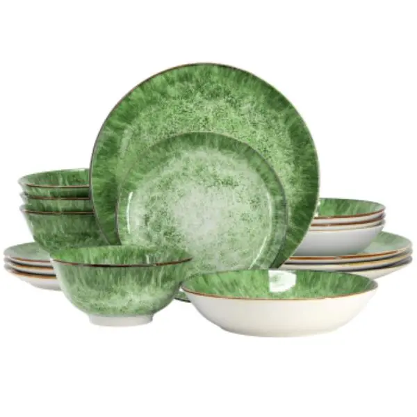 Elama ELM-OCEANUS-G-16 Oceanus Porcelain Double Bowl Dinnerware Set in Green - 16 Piece