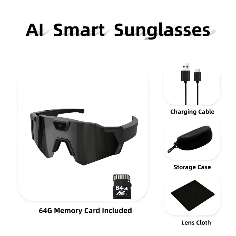 64G AI Smart  Sunglasses - 1080P HD Sports Camera Glasses, 12.0MP Photo & Video Recorder, 120° Wide-Angle Lens | Built-in Mic for Clear Ambient Audio | Anti-Glare Polarized Lenses | Perfect for Cycling, Skiing, Climbing, Running, Travelers & Explorers
