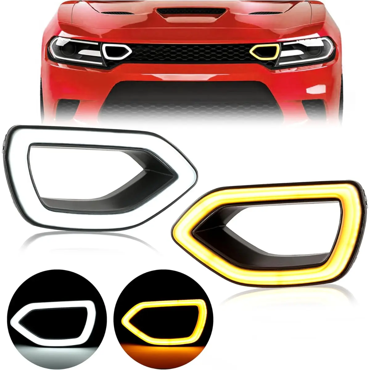 HECASA Smoked LED Grille Lights, Compatible with 2015-2022 Dodge Charger (SRT, Scat Pack, Daytona, SXT, R/T) Front Bumper Left & Right, LED Lights Car with Harness for DRL & Yellow Turn Signal