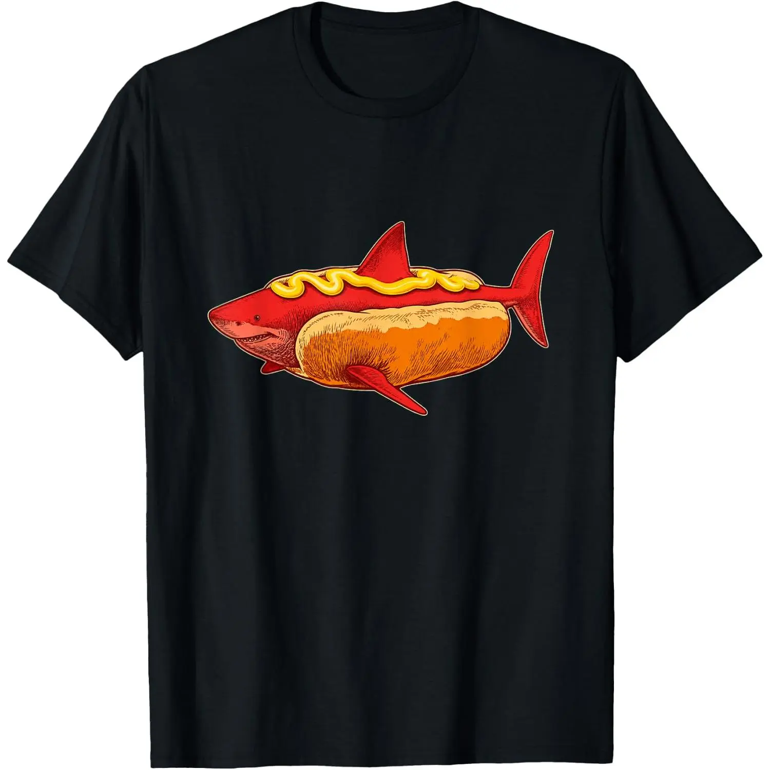 100%cotton Funny Shark Hot Dog Mustard Food Mashup Humor T-Shirt