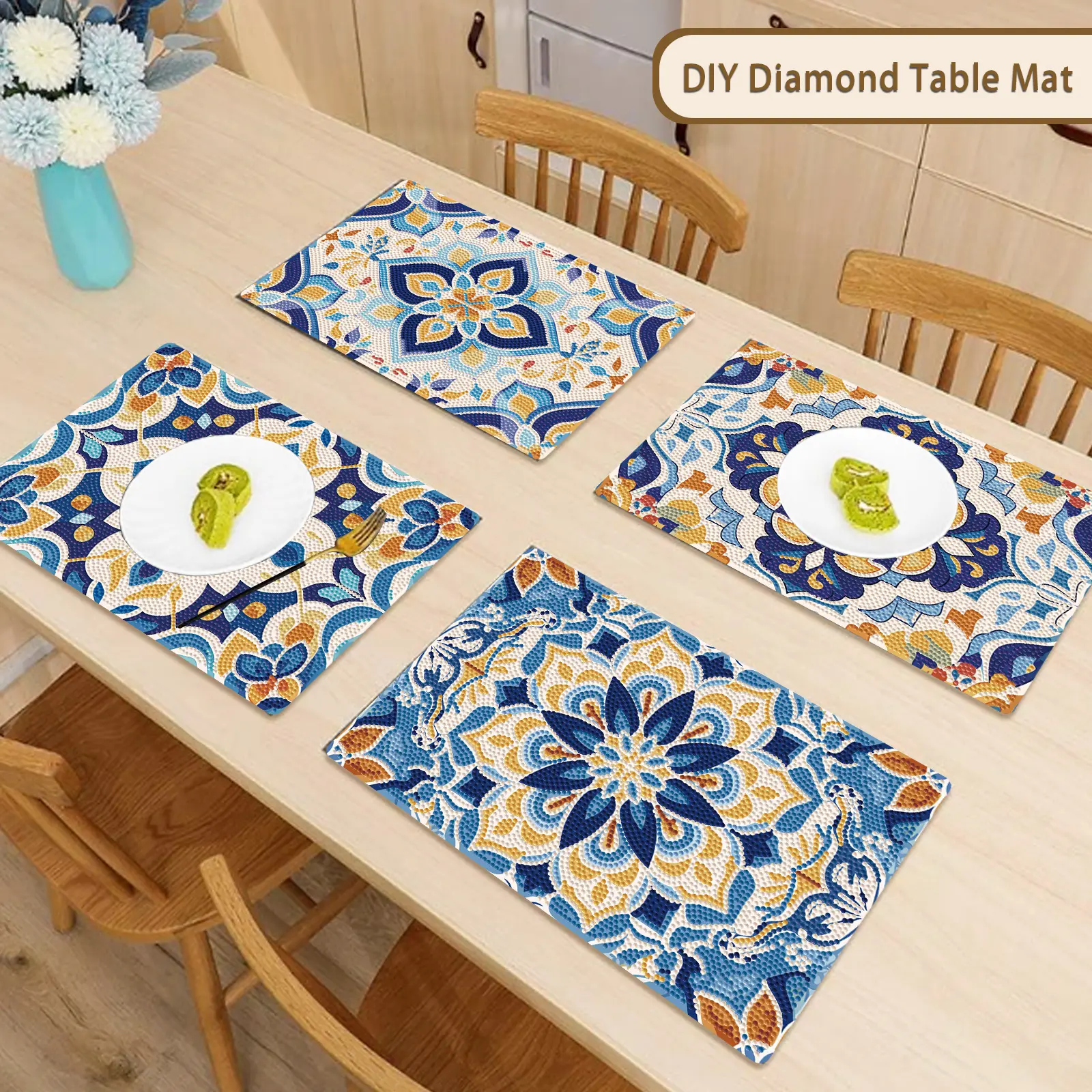 5D Diamond Painting DIY Geometric Mandala Tableware Placemat Set - Set of 6 Hand-Placed, Sparkling, Heat-Resistant, Heat-Insulating Indoor Household Kit, Handmade Housewarming Gift for DIY Needlework Enthusiasts
