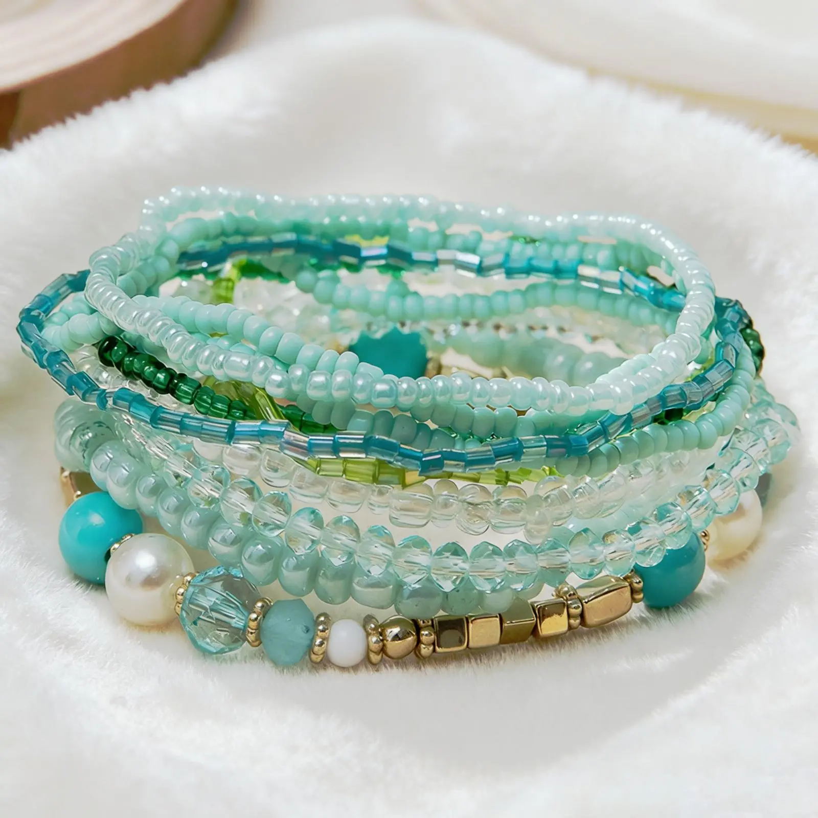 10 Pack Bohemian Crystal Beaded Stackable Bracelets for Women, Summer Multilayered Stretchy Pearl Bracelets Set, Multicolor Boho Jewelry