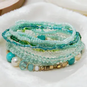 10 Pack Bohemian Crystal Beaded Stackable Bracelets for Women, Summer Multilayered Stretchy Pearl Bracelets Set, Multicolor Boho Jewelry