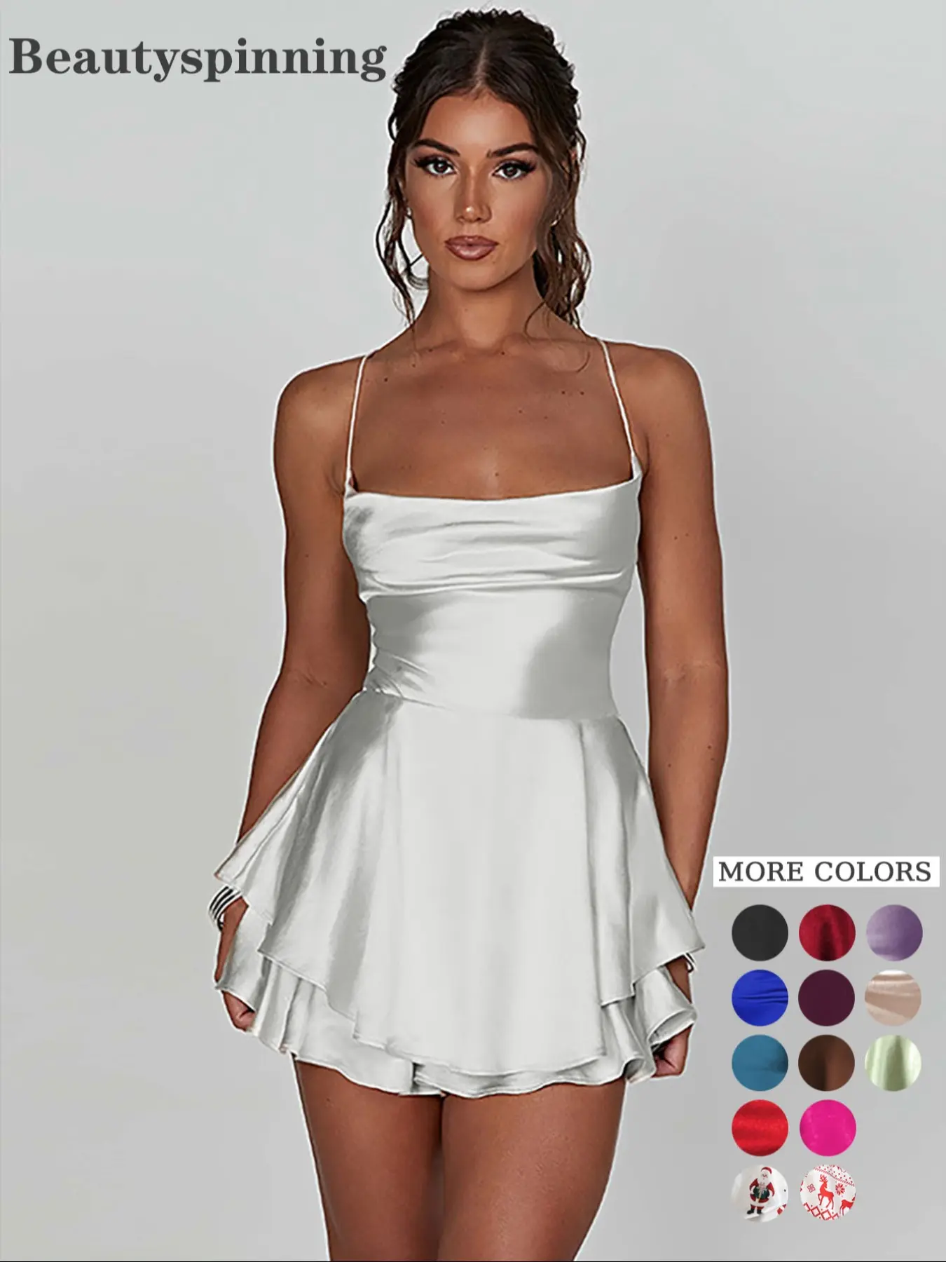 Women's Plain Lace Up Backless Tiered Layer Stretchy Satin Cami Dress, Summer Clothes Women, Womenswear, Elegant Women's Plain Lace Up Backless Tiered Layer Stretchy Satin Cami Dress, Summer Clothes Women, Womenswear, Elegant