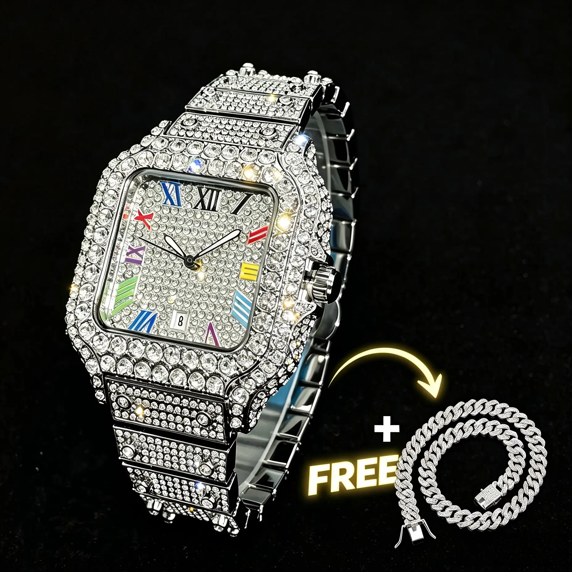 Men's Crystal Encrust Gem Accent Quartz Watch, 42mm Square Dial, Roman Numeral Face, Rhinestone Decorated Zinc Alloy Case, Adjustable Strap - Includes Free Cuban Chain, Gem Accent Quartz Watches, Analog, Diamond-Inspired Quartz Watches
