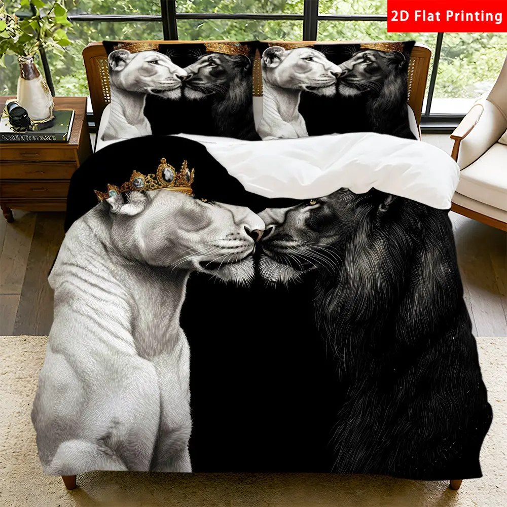 2/3 Pcs 2D Flat Royal Lion Themed Duvet Cover Set Lion King Bedding Set Quilt Cover 1 Duvet Cover + 1/2 Pillowcases Majestic Lion Top Sheet Decorative Bedding Bedroom Decor