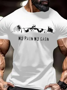 Men's Regular Fit No Pain No Gain Letter Print Round Neck Tee, Casual Short Sleeve Crew Neck T-shirt for Summer, Gym T Shirts, Fashion Men's Top for Gym Workout Running,Men's Solid Color Crewneck Tee for Gym & Casual