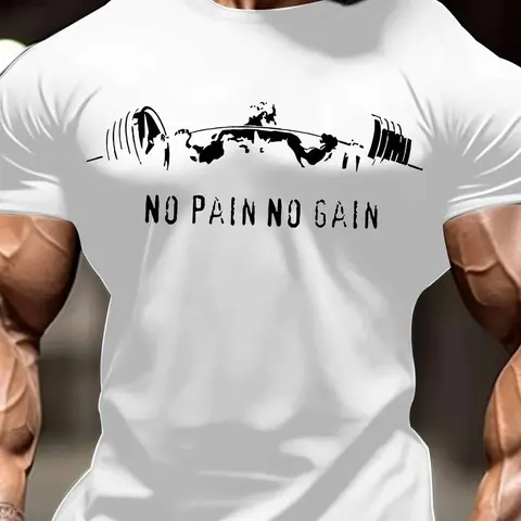 Men's Regular Fit No Pain No Gain Letter Print Round Neck Tee, Casual Short Sleeve Crew Neck T-shirt for Summer, Gym T Shirts, Fashion Men's Top for Gym Workout Running,Men's Solid Color Crewneck Tee for Gym & Casual