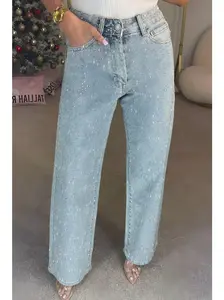 Women's Rhinestone High Rise Straight Leg Jeans Sparkly Denim with Crystal Details Perfect for a Trendy Look Comfortable and Chic Light Wash Jeans to Elevate Any Outfit