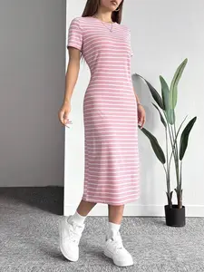 VYNCE Striped Print Short Sleeve Knit Dress for Women Elegant Slim Fit Summer Mini Dress Casual Round Neck Daily Wear
