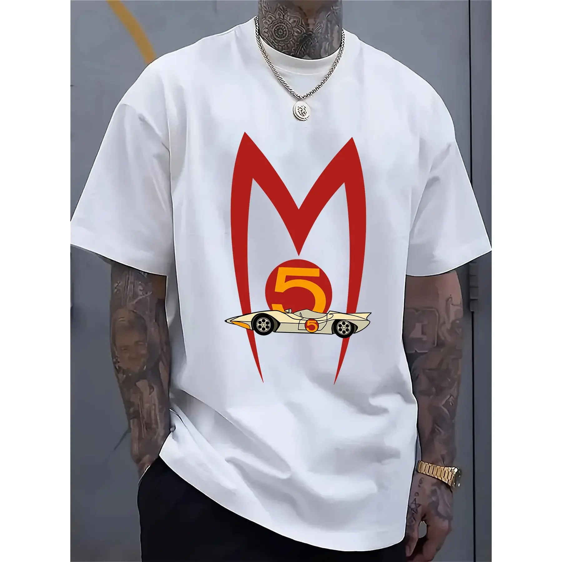 Men's MACH 5 Speed Racer Vintage Graphic T-Shirt - Menswear, Comfy Basic Undershirt, Funny Racing Car Design, Casual Cotton Crew Neck Shortsleeve Tee, White with Red & Blue Accents, Lightweight Breathable for Multi-Season Use