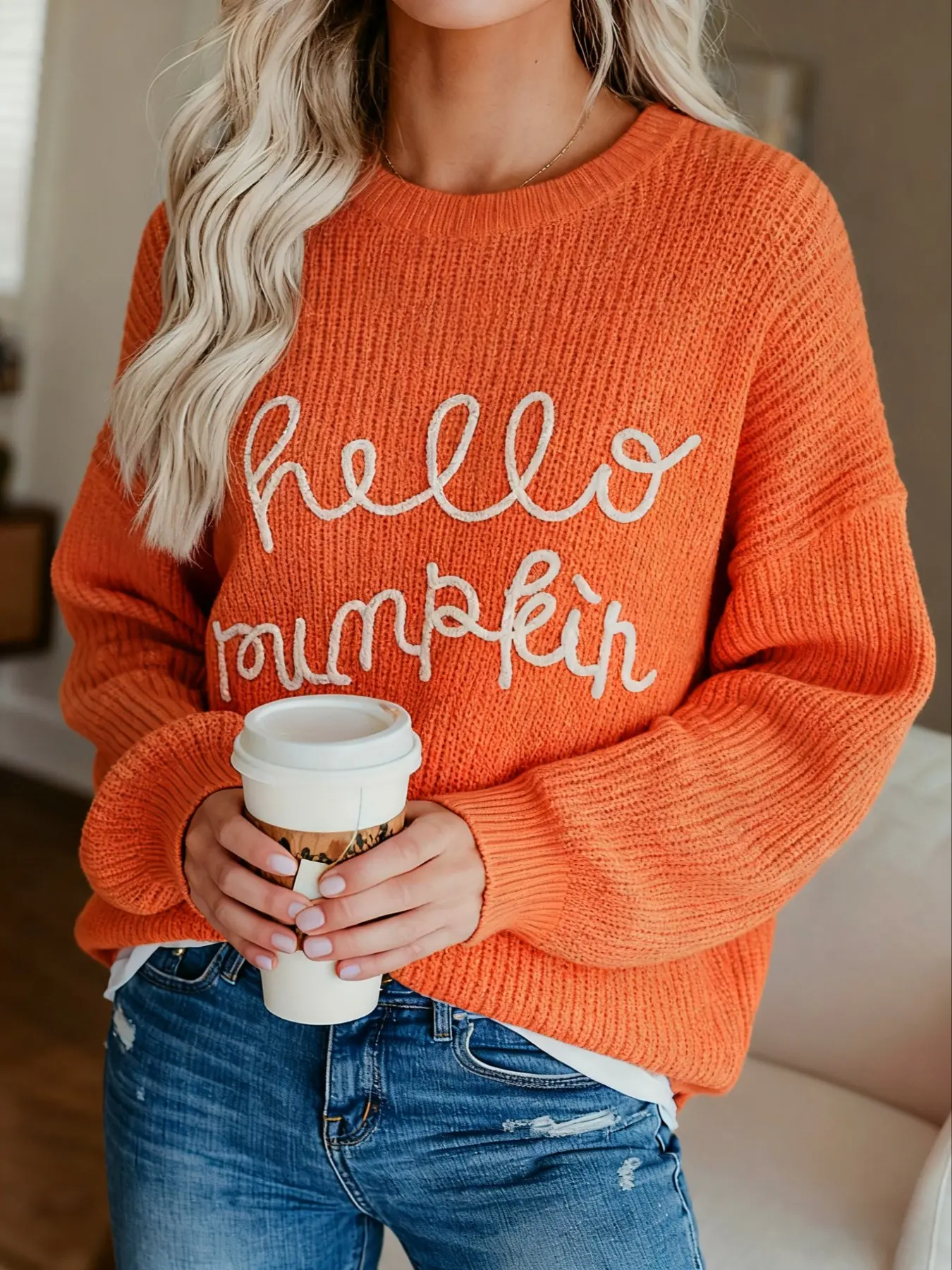 Women's Plus Size Christmas Knit Pullover Sweater, Round Neck Loose Fit 'hello Pumpkin' Sweater, Holiday Style Top