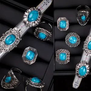 6pcs Vintage Boho Rings Turquoise Synthetic Classic Antique Design Jewelry For Women Party Gift Occasion