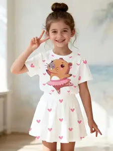 Summer New Girl's Short Sleeve Skirt Set, Cartoon 3D Printed Capybara Design, Comfortable Casual Round Neck Top + Half Skirt Two-Piece