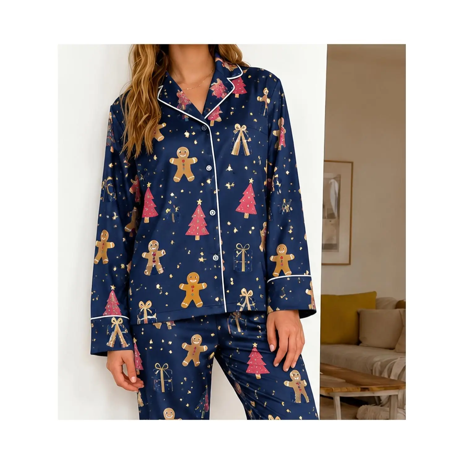 Women's Gingerbread Print Christmas Pajama Set - Long Sleeve Button-Down Holiday Sleepwear 2-Piece Loungewear