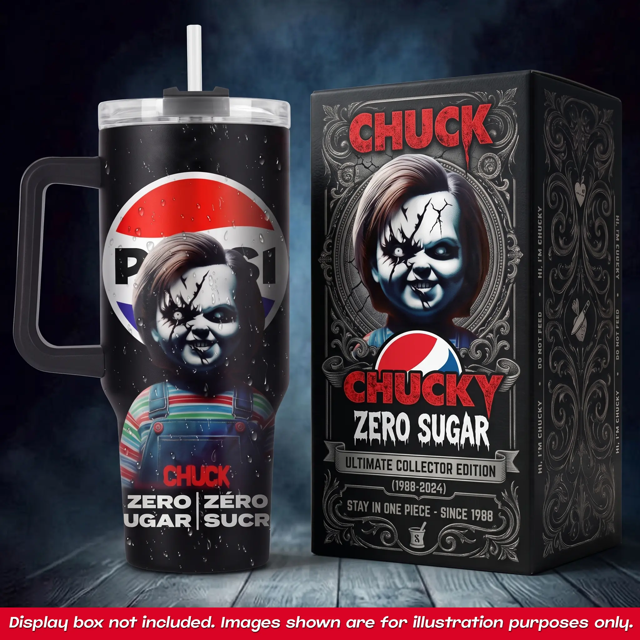 Chucky Pepsi 40oz Tumbler With Handle No Box, Zero Sugar Zero Sucre Travel Mug, Killer Doll Good Guy Insulated Cup, Horror Movie Soda Drinkware, Halloween Stainless Steel Coffee Water Tumbler, Ultimate Collector Edition Spooky Gifts