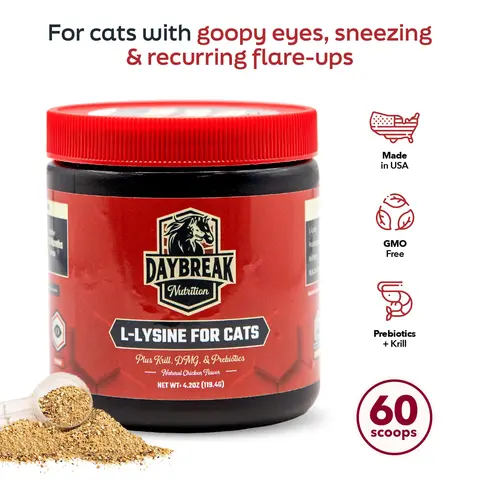 Daybreak Nutrition Cat L-Lysine Supplement - 900mg with Krill, Prebiotics & DMG - FHV-1 Flare Help, Goopy Eye Help, Flare Up Relief, Immune Boost - No Soy/Corn/Artificial Ingredients - Made in USA - Sprinkle Into Daily Food