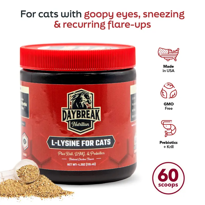 Daybreak Nutrition Cat L-Lysine Supplement - 900mg with Krill, Prebiotics & DMG - FHV-1 Flare Help, Goopy Eye Help, Flare Up Relief, Immune Boost - No Soy/Corn/Artificial Ingredients - Made in USA - Sprinkle Into Daily Food