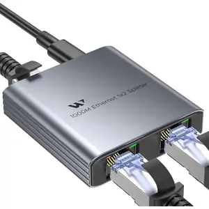 Ethernet Splitter 1 to 2, 1000Mbps High Speed LAN Splitter, [0.55inch Ultra Slim, Integrally Molded  Case] Gigabit Ethernet  2 port with USB-C Power , for Cat5/5e/6/7/8
