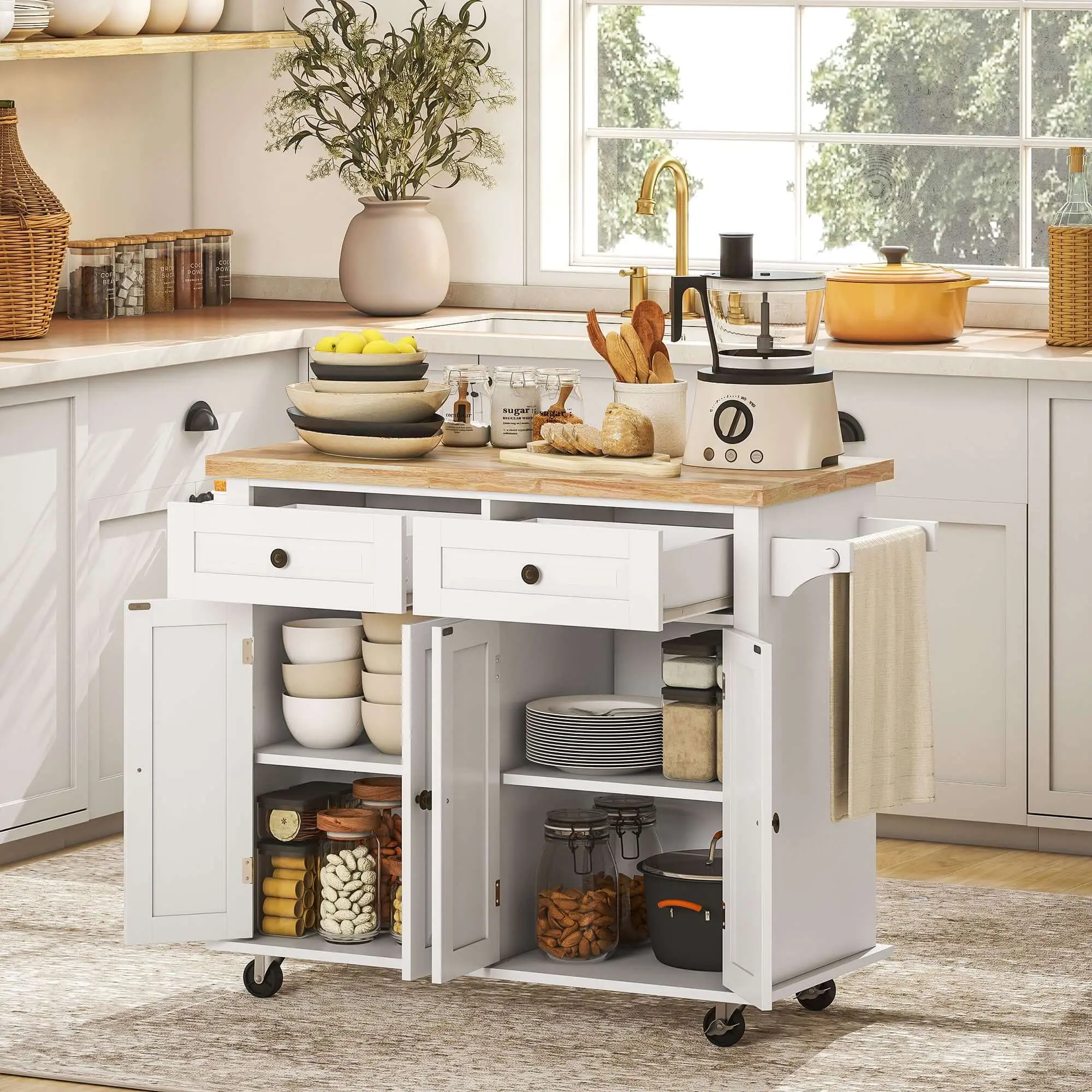 Rustic Farmhouse Rubberwood Kitchen Island Cart with Wheels, 43.75x17.5x32.5", Locking Casters, Storage Cabinets, 2 Drawers, Wood Finish, Instruction Manual Included