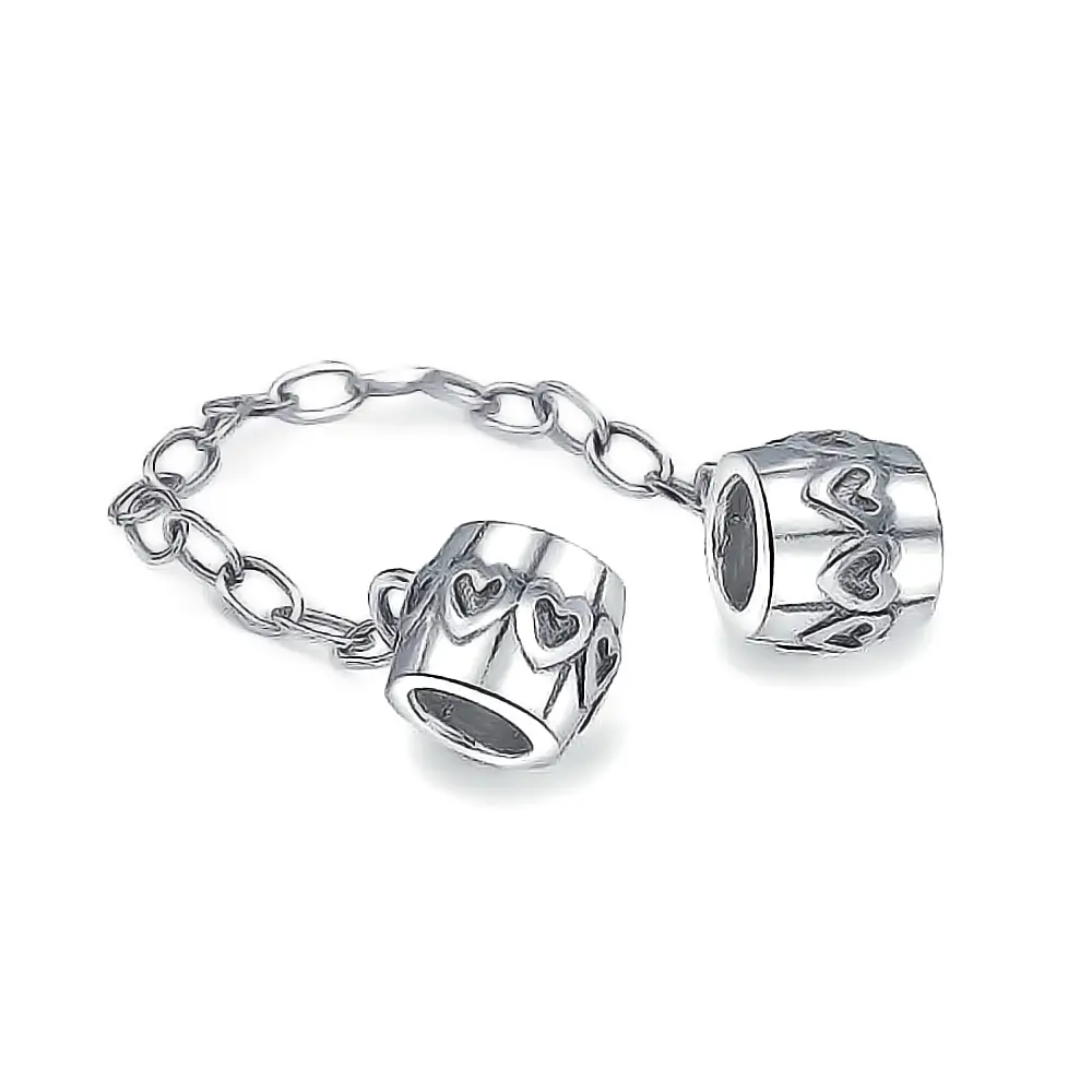 Double Hearts Safety Chain Spacer Stopper Bead Charm .925 Sterling Silver