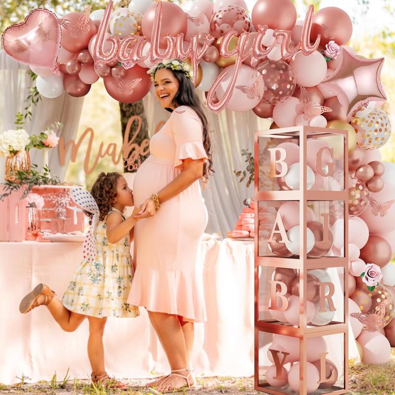134pcs Rose Gold Balloons Baby Shower Decorations Girl Boxes Butterfly Stickers Garland Arch Kit Baby Box Letter A-Z Baby Women Birthday Bridal Party