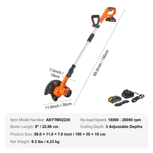 VEVOR Lawn Edger, 20 V Battery Powered Cordless Edger, 9-inch Blade Edger Lawn Tool with 3-Position Blade Depth, Battery and Charger Included, for Lawns, Driveways, Borders, and Sidewalk Edges