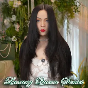 [Luxury Queen Series] FF WIG Yaki Straight Layered Cut Raw Human Hair Glueless Wig 24 Inches 9*6 Pre-Cut HD Lace 250% Density Natural Black Wear Go Wig with special drawstring #FFWIG