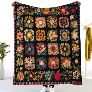 1pc Vibrant Floral Crochet Blanket - Cozy All-Season Flannel Throw with Colorful Flower Patterns, Perfect for Home Decor & Napping, Lightweight Polyester Knit,, Digital Print Design, Home Decor Accent |   Decorative Throw |   Soft Texture, Blanket for Cou