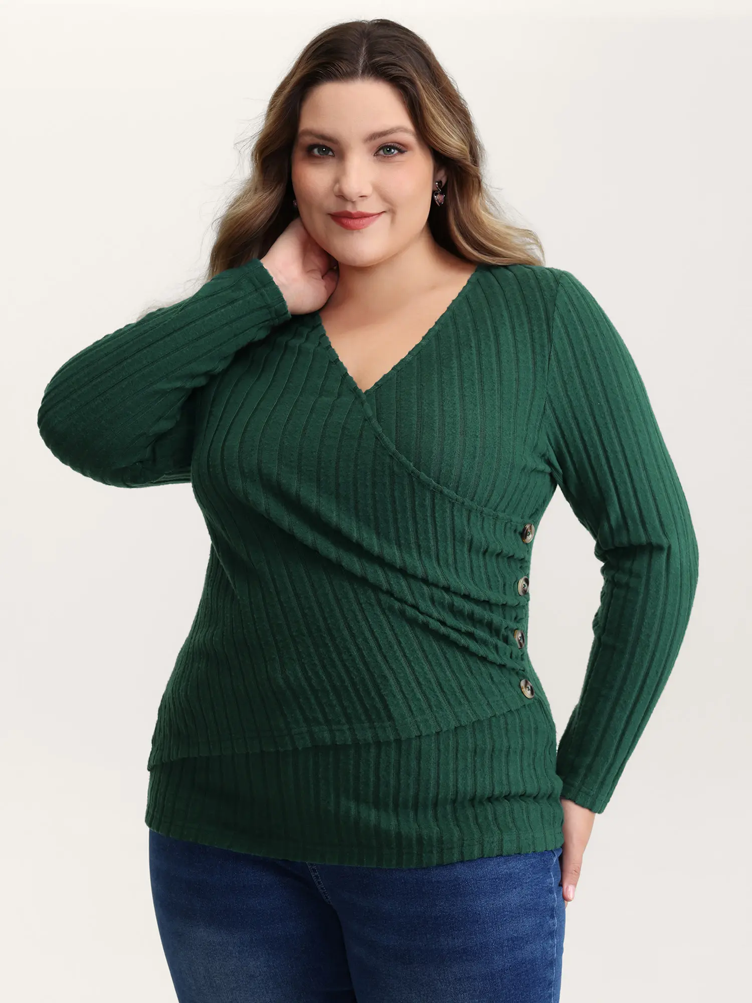 BloomChic Women's Curve-Hugging Mock Turtleneck Knitting Top - Long Sleeve Button-Down Pullover, V-Neck Textured Wrap, Non-Transparent Contemporary Aesthetic Stylish Fit Women's Knitwear, Button-Down Women's Pullovers Knit V Neck
