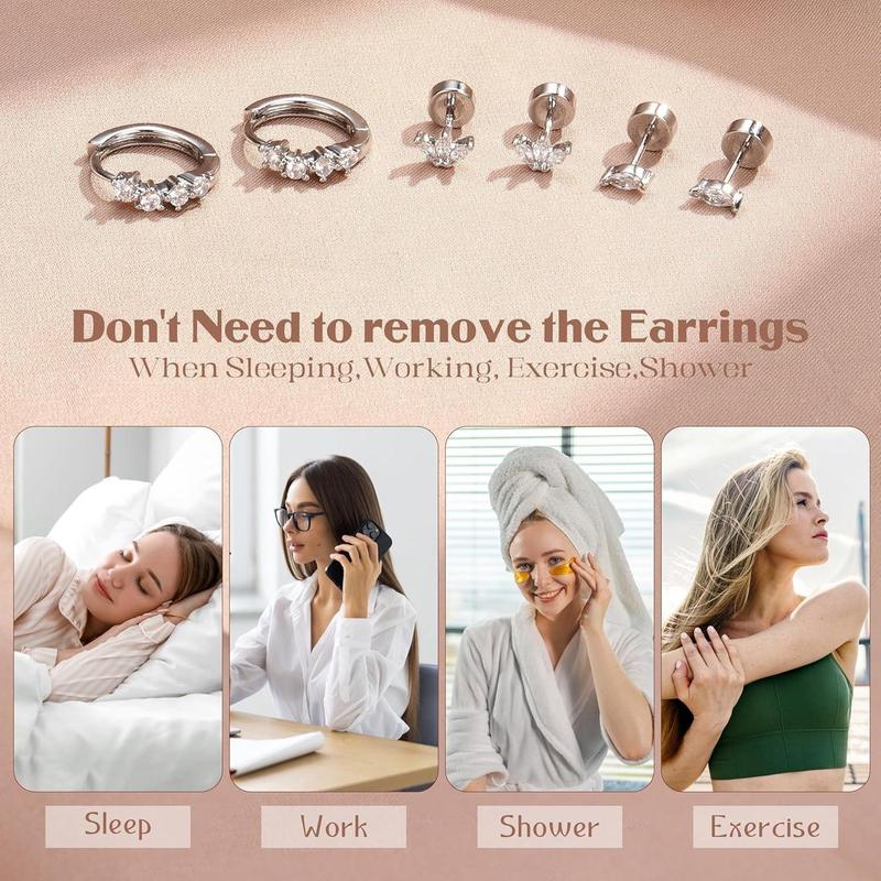 ZELORES 3 Pairs Sterling Silver Flat Back Earrings for Women Trendy Small Hoop Huggie Earrings CZ Cartilage Stud Earrings Set White Gold Plated Tragus Helix Earrings Piercing Jewelrys
