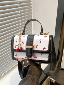 Cherry Print Satchel Handbag, Hand Shoulder Bag with Cherry Pendant Charm, Elegant Women's Purse for Parties & Daily Use, Perfect for Office & Casual