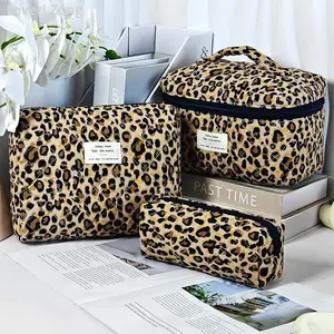 Floral pattern Cute Skincare & Makeup Bag Double Zipper Large Capacity Soft Material Floral Cotton Portable Cosmetic Bag with Leopard Pattern multifunctional organizer