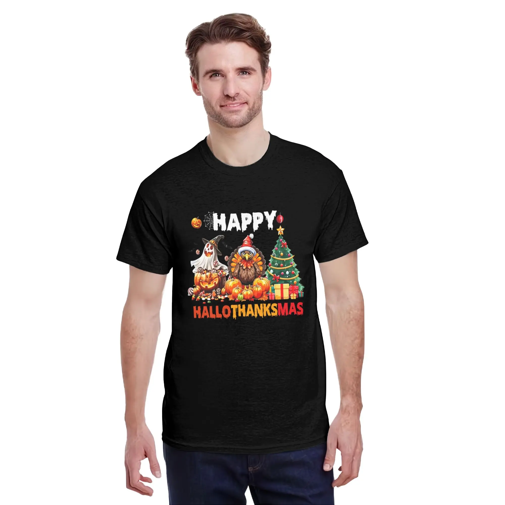 Men'S & Women'S Funny Hallothanksmas T-Shirt - Family Matching Holiday Shirt for Christmas, Halloween & Thanksgiving Parties - Short Sleeve Tee with Spooky Turkey Design - Regular Fit Casual, Funny Christmas Shirts, Mens Graphic T-Shirts