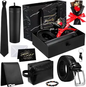 10 Pcs Men Birthdays Gift Set with Box for Men Skinny Acrylic Tumbler with Lid PU Leather Wallet Tie Belt Keychain Bouquet Bracelet Toiletry Bag Greeting Card Set(Dad)