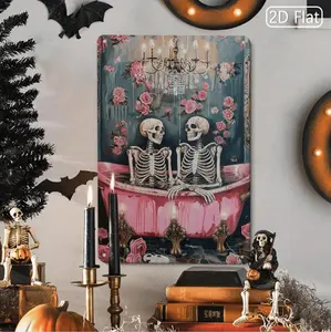 Eerie Decorative Plaque Featuring Skeletons in Bathtub Surrounded by Roses Perfect for Creating a Spooky Atmosphere in Themed Bathrooms