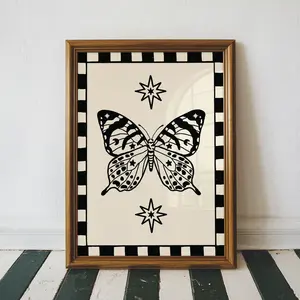 Steph Marie Art Handmade Checkered Butterfly Art Print with Black White Checkered Border & Star Design
