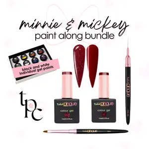 Minnie & Mickey Paint-Along Bundle for Nail Art with Black & White Gel Paints, Pro Art Brushes, and High Quality Gels