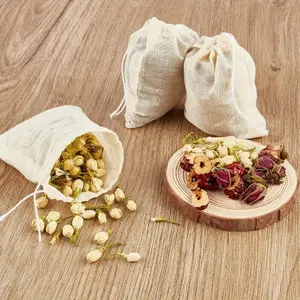 10 pcs empty spice bags for cooking soup, 3x4 inch natural plain weave silk drawstring bags, reusable loose tea bags, small strainer cream cloth bags, unbleached cheesecloth herbal small sachet bags