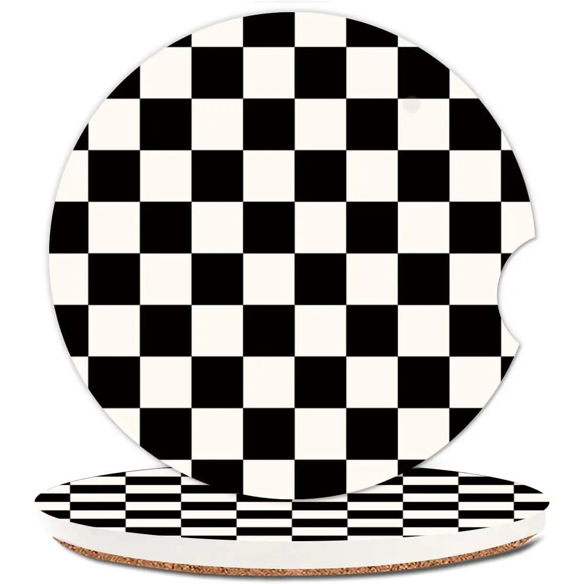 Absorbent  Cupholder Coaster 2 Pack, Cute  Coasters with a Finger Notch for Women & Men,2.56" Ceramic Stone & Non-Scratch Cork Base Drink Coasters (Checkerboard)