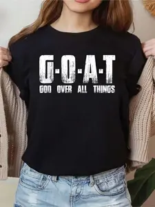 100% cotton G O A T God Over All Thing Man Of-God Goat Christian Thing Women Graphic T-Shirt Cotton Print short Sleeve Casual Top, Summer Tee Womens Tops